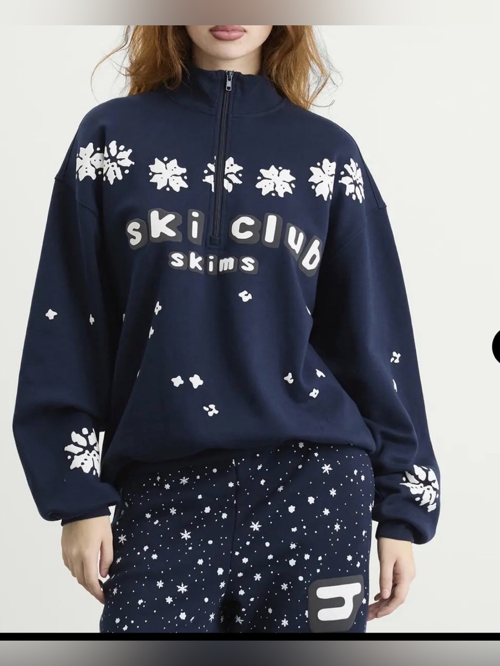 NWT SKIMS x CPFM Cotton Fleece Mock Neck Quarter Zip Navy Ski Club Print Size M